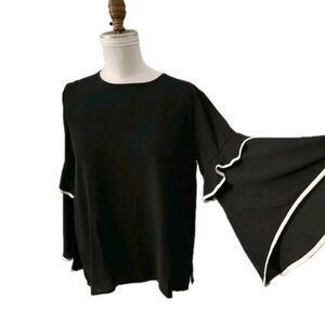 Loft Outlet Women's Blouse Black S Trumpet Sleeves With White Piping NWOT